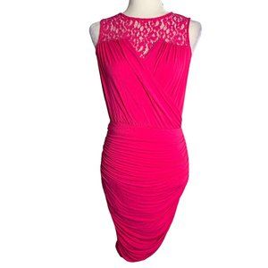 Cynthia Steffe Ruched Cocktail Dress XS Pink Lace Yoke Button Keyhole Bubble Hem